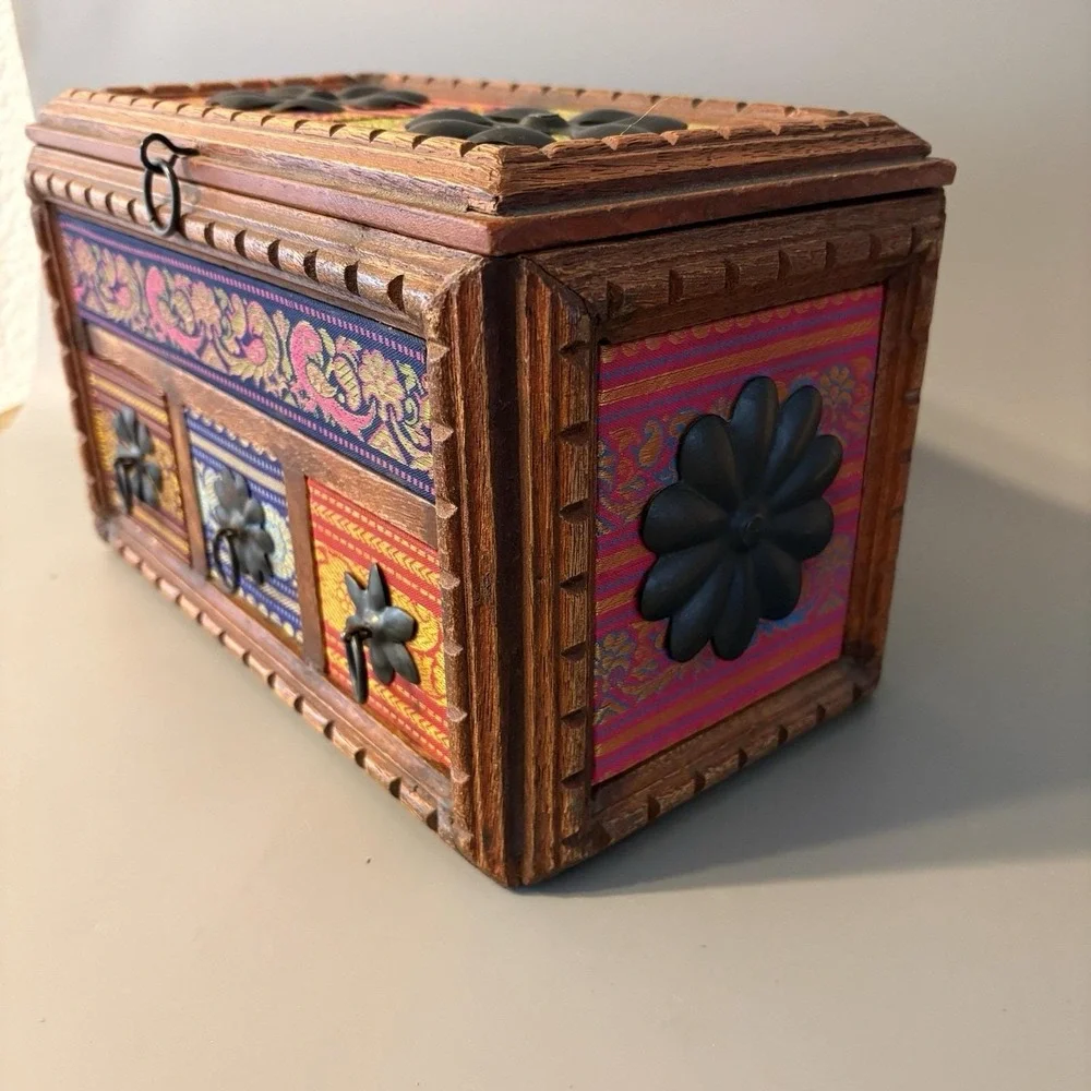 Vintage  Carved Wooden Spice Storage Jewelry Box Chest Indian Hippie Boho Heavy